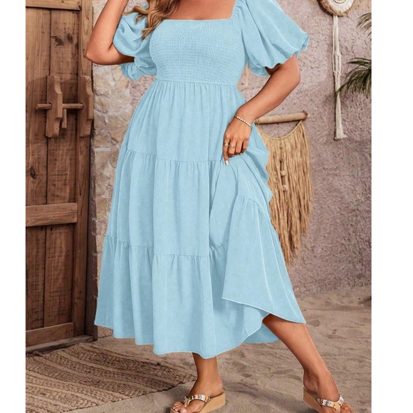 Solid Smocked Bodice Puff Sleeve Ruffle Hem Dress - Picture 4 of 7